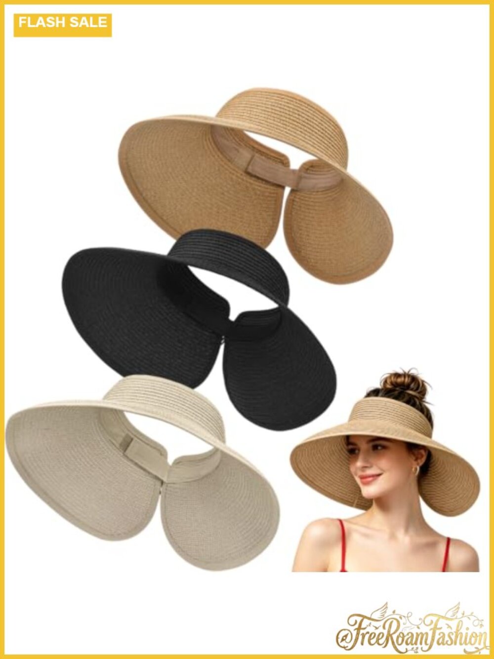3 Pack Women's Woven Straw Sun Visor Hat Wide Brim UV Protection Foldable